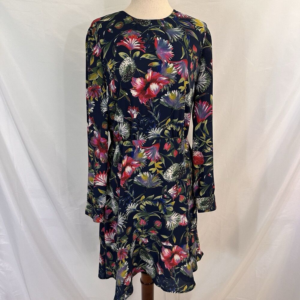 J Crew Genova Long Sleeve Flouncy Hem Dress Painted Floral Size 8 - Picture 2 of 9